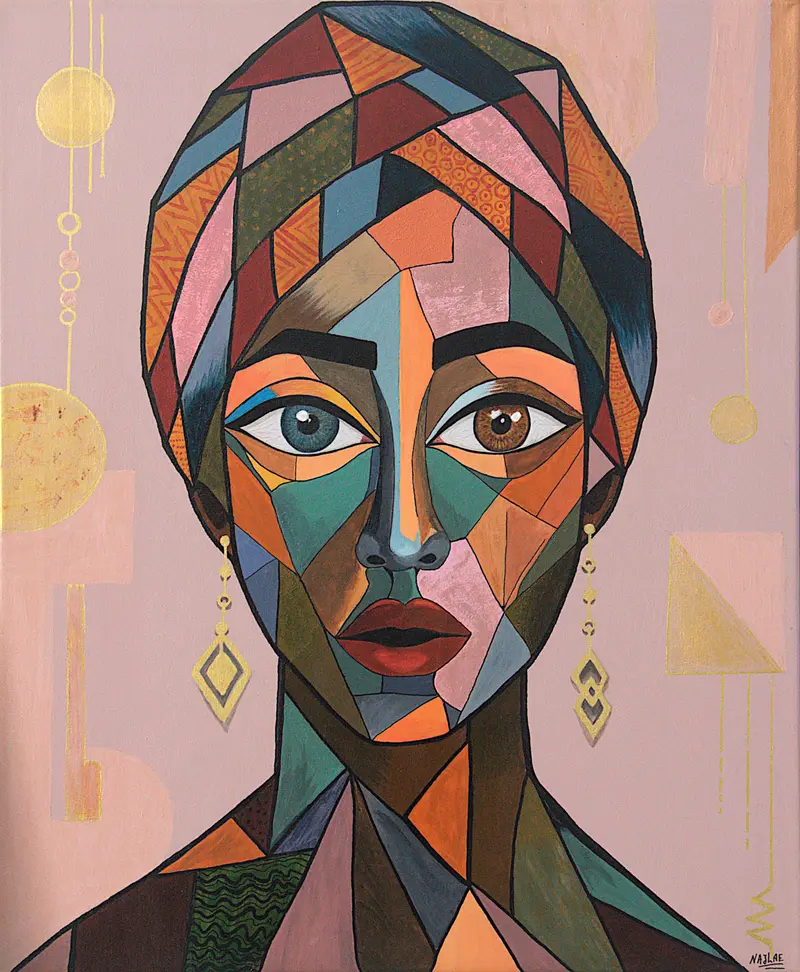 ¿Me ves?: retrato acrílico geométrico de una mujer con turbante y ojos de distinto color, en tonos tierra, oliva y rosa con detalles dorados.
