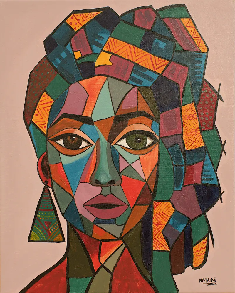 Tú y yo: retrato acrílico de una mujer con pañuelo de patrones geométricos en rojos, verdes y ocres sobre fondo rosa empolvado.
